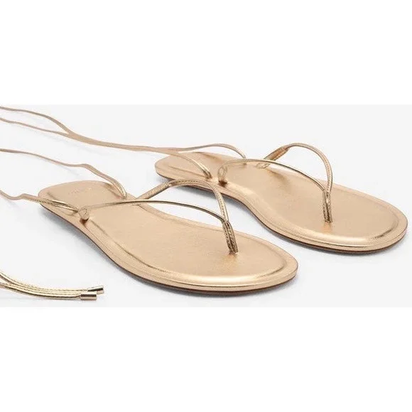 Mango MNG Womens Gold Metallic Wraparound Lace Up Flat Sandals Size 38 - Picture 9 of 14